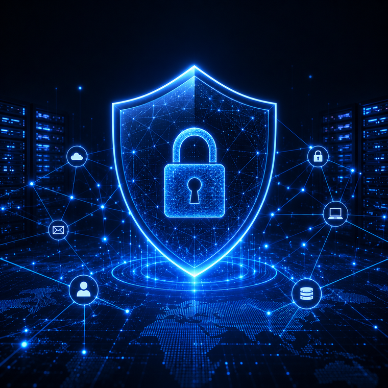 Cybersecurity shield and secure digital network illustration