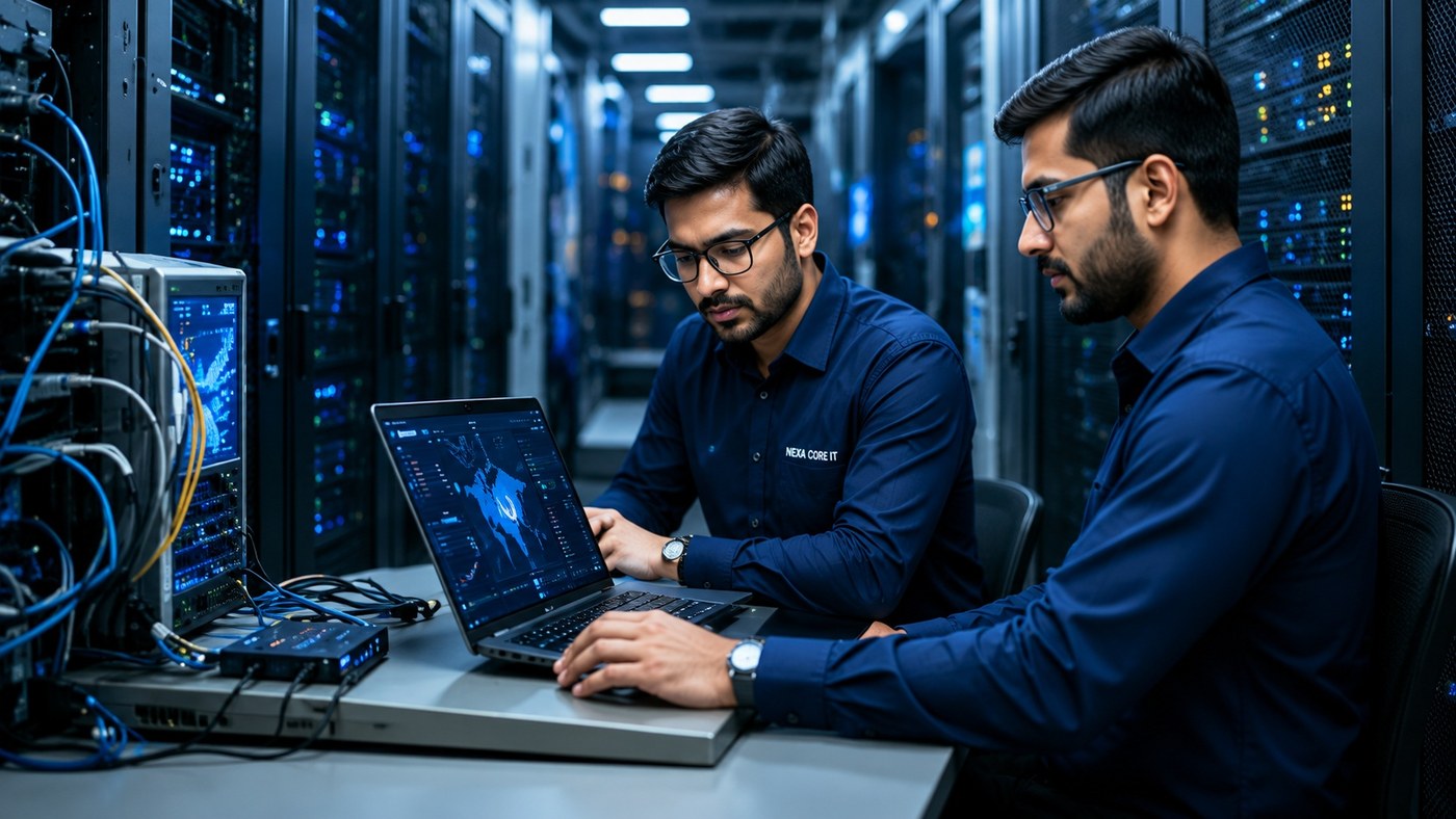 IT engineers working together in a data centre